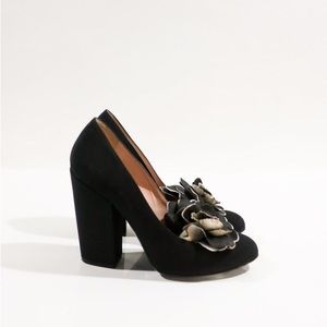Chanel / Black Satin Camellia Embellished Block Heel Pumps